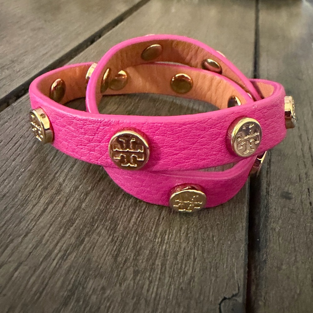 Tory Burch Hot Pink Double Wrap Leather Bracelet with Gold Logo Studs.